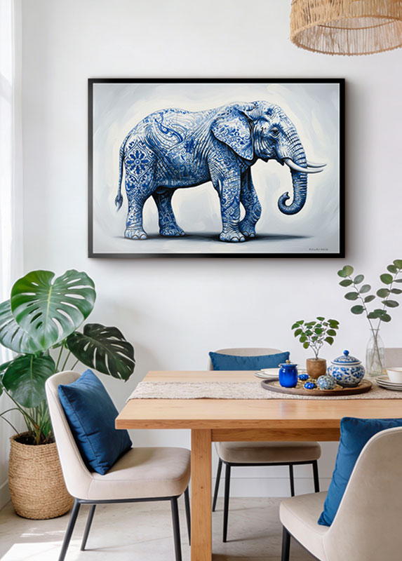 cuadro sobre cama en dormitorio de diseño Cuadro moderno de elefante con patrones de cerámica de Talavera en azul
