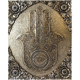 Cuadro de la mano de Fatima en dorado, color oro símbolo del dinero, este cuadro en relieve esta realizado a mano es original y tiene un significado de protección y de la suerte