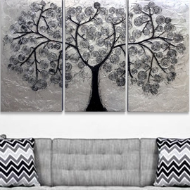 cuadro triptico abstracto, cuadro arbol de la vida, realizado en relieve y plateado, cuadro original para sofas, salones, o como cuadro para el dormitorio