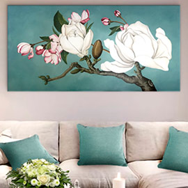 Cuadro al oleo en verde agua y motivos florales, un cuadro de estilo alegre y moderno pintado a mano por delier, perfecto para colocar en el sofa o dormitorio.
