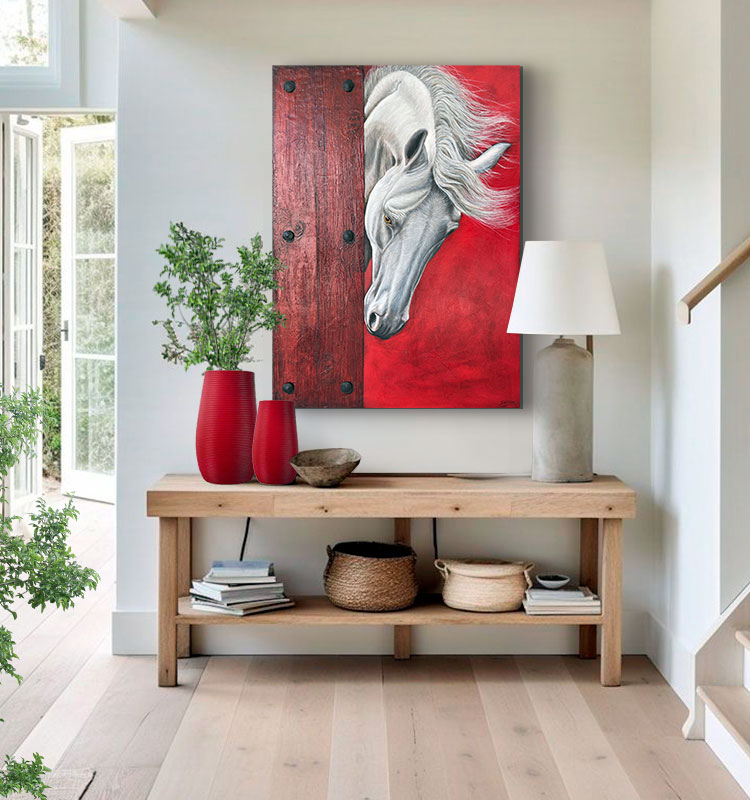 Cuadro de caballo blanco al óleo con textura en estuco