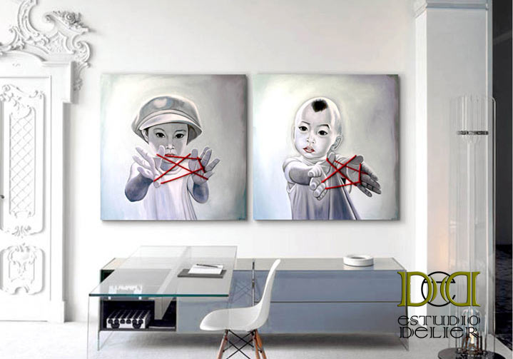 ▷ ESTUDIO DELIER, Cuadro Manos plata oro 150x60, DECORACION CABECEROS  dormitorios, original delier