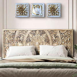 Cabeceros de cama en madera de roble, estilo moderno, este cabecero tallado, representa un mandala, color natural acabado a la cera efecto antiguo, mide 160x80cm y es perfecto para el dormitorio colgado en la pared