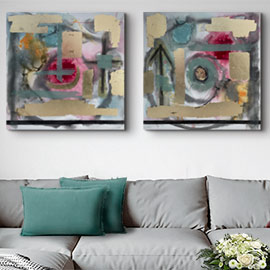 Cuadros modernos set de dos unidades, en colores alegres y un toque en pan de oro, perfectos para decorar encima del sofá, dormitorio, salón, comedor, son dos abras artísticas originales