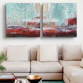 cuadros modernos para decorar el salón, sofá, comedor o el dormitorio, este set de dos cuadros es original realizado a mano por delier, miden 80x80cm cada cuadro, en tonos verde y rojo