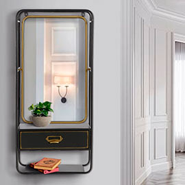 consola de entrada pequeña y estrecha, cuenta con un espejo para colgar y un cajón, este mueble auxiliar es perfecto para el pasillo o la entrada donde el espacio y fondo es pequeño.