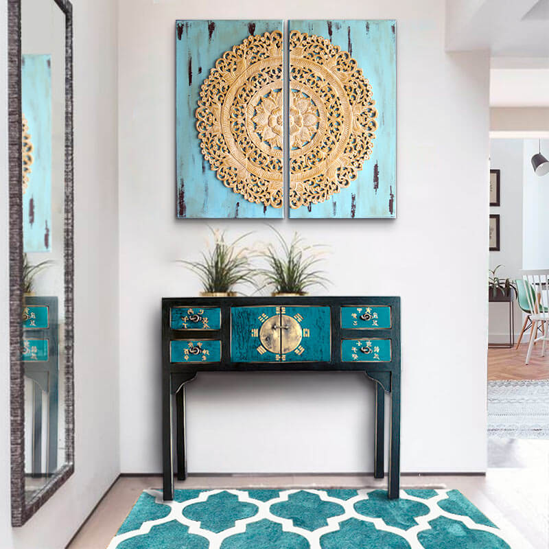 Mandala en azul y madera