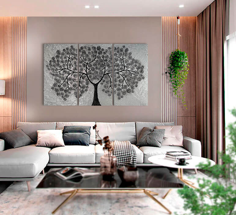 cuadros con el arbol de la vida en tonos grises y plata